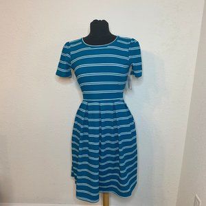 Lularoe Amelia NWT Pockets Teal and White Striped Dress M